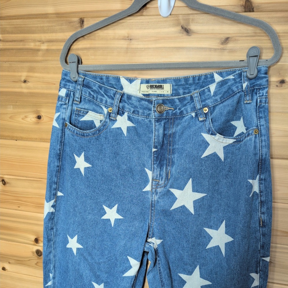 Rock and Roll Cowgirl Womens W31 L36 Star Print High Rise Flare Jeans Blue White - Picture 2 of 11